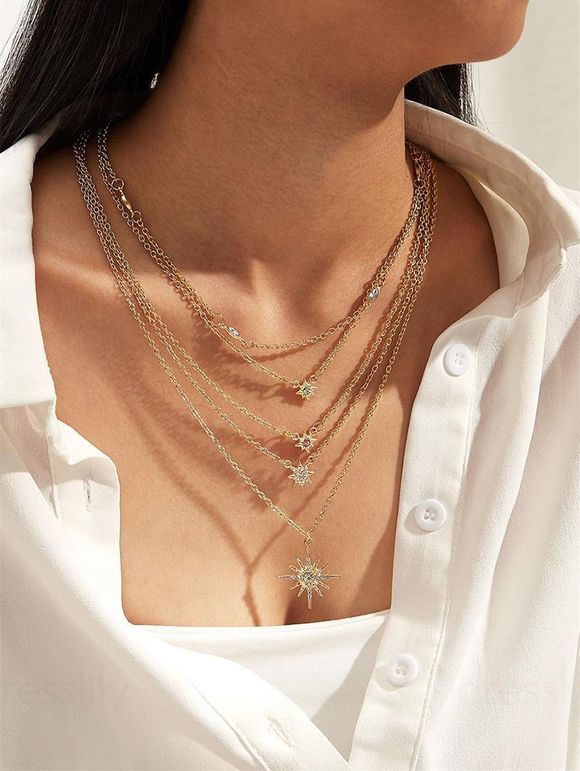 Collier Tendance Superposé avec Pendentifs Soleil en Strass - d'or 1PC