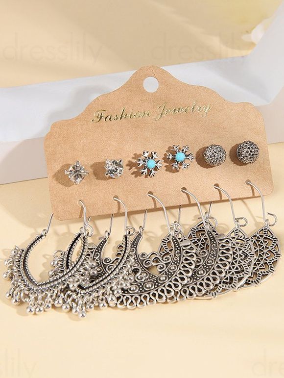 6 Paires Ensemble de Boucles D'Oreilles Pendantes Clous Motif Fleur à Sculpture Creuse - Argent 