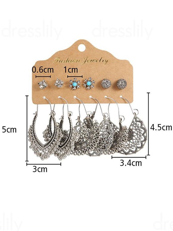 6 Paires Ensemble de Boucles D'Oreilles Pendantes Clous Motif Fleur à Sculpture Creuse - Argent 