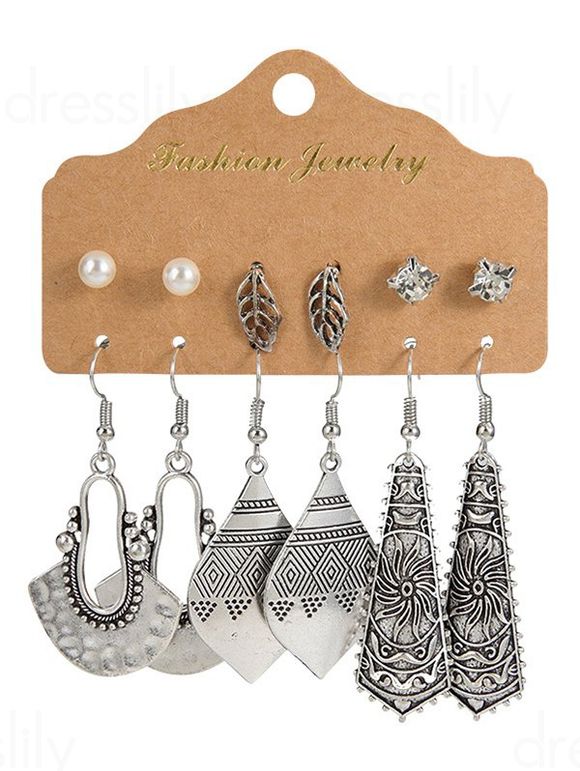 6 Pièces Ensemble de Boucles D'Oreilles Au Crochet Vintage Pendantes Strass en Fausse Perle - Argent 
