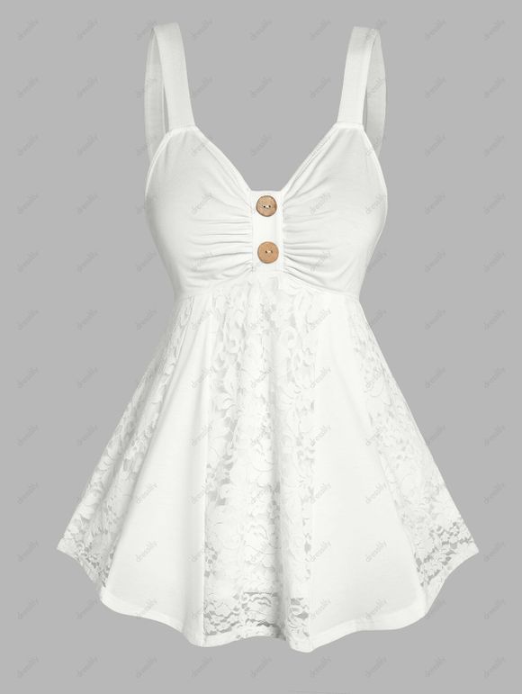 Débardeur Simple Panneau en Dentelle en Couleur Unie avec Faux Bouton - Blanc S