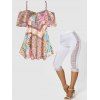 Ensemble de Top à Imprimé Cachemire Ethnique à Epaule Dénudée et de Pantalon Capri Ourlet à Revers - multicolor S