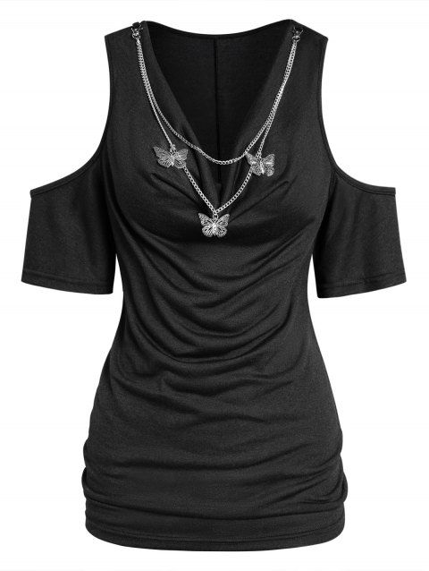 Cold Shoulder T Shirt Plain Color Casual Tee With Hollow Out Butterfly Chain
