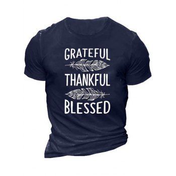 

Letter Leaf Print Graphic T-shirt Short Sleeve Round Neck Casual Tee, Blue