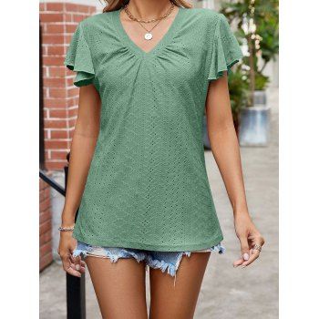 

Plain Color Hollow Out Jacquard T-shirt Ruched V Neck Flutter Sleeve Casual Tee, Light green