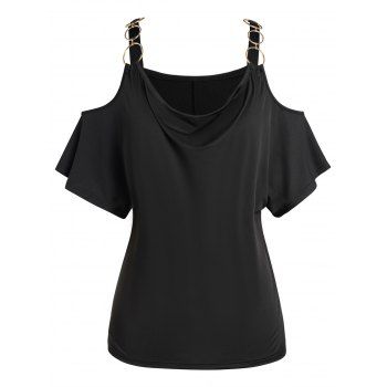 

Plus Size T Shirt Plain Color O Ring Draped Cold Shoulder Casual Tee, Black