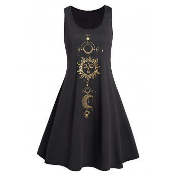 

Sparkly Celestial Sun Moon Print Tank Dress Scoop Neck Casual Mini Dress, Black