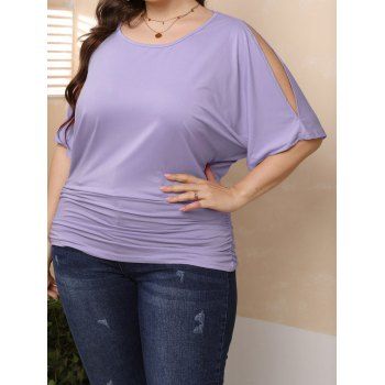 

Plus Size Pastel Color T Shirt Slit Sleeve Round Neck Ruched Casual Tee, Light purple