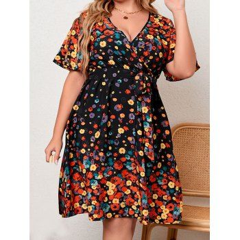 

Plus Size Dress Colored Flower Print Belted Surplice Plunging Neck High Waisted A Line Midi Vacation Dress, Black