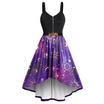 

Celestial Sun Moon Galaxy Print High Low Dress Half Zipper Chain Belted Midi Dress, Black