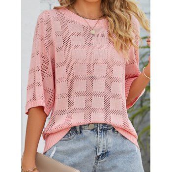 

Solid Color Hollow Out Knit Tee Crew Neck Half Sleeve Casual Knitted T-shirt, Light pink
