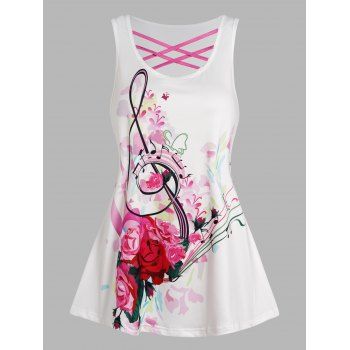 

Colorful Flower Butterfly Music Note Print Tank Top Crisscross Summer Casual Tank Top, Light pink