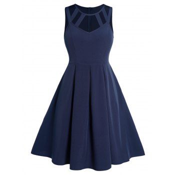 

Plus Size Dress Plain Color Ladder Cut Out Sleeveless High Waisted Pleated A Line Midi Dress, Deep blue