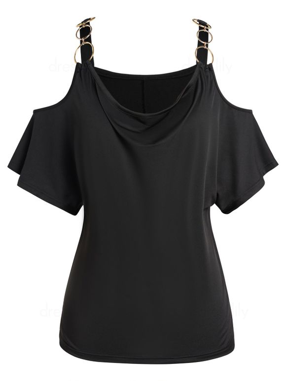 Plus Size T Shirt Plain Color O Ring Draped Cold Shoulder Casual Tee - BLACK 5X