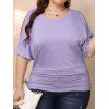 Plus Size Pastel Color T Shirt Slit Sleeve Round Neck Ruched Casual Tee - LIGHT PURPLE 2XL