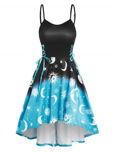 Celestial Sun Moon Star Ombre Print High Low A Line Dress Lace Up Adjustable Strap Cami Dress