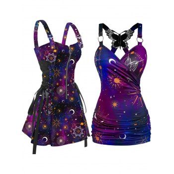 

Celestial Galaxy Sun Star Print Half Zipper Lace Up A Line Mini Dress And Lace Insert Ruched Surplice Tank Top Casual Outfit, Multicolor