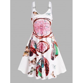 

Feather Dreamcatcher Butterfly Print A Line Dress O Ring Straps V Neck Sleeveless Dress, Light pink