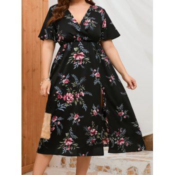 

Plus Size Dress Flower Leaf Print Slit Surplice Plunging Neck High Waisted A Line Midi Dress, Black