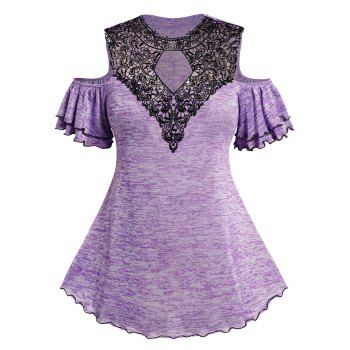 

Plus Size & Curve T-shirt See Thru Lace Panel Cold Shoulder Layered Short Sleeve Tee, Light purple