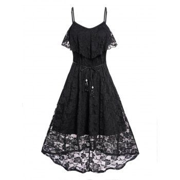 

Sheer Rose Lace Overlay High Low Gothic Dress Flounce Tassel Belt Spaghetti Strap Dress, Black