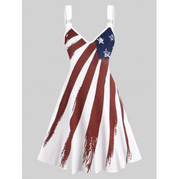 

Star Striped Print Dress Colorblock V Neck Sleeveless High Waisted A Line Midi Dress, White