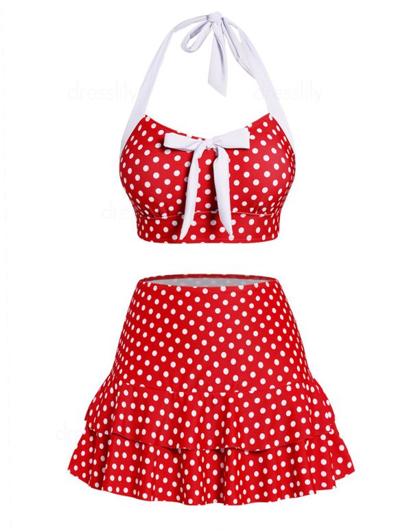 Ensemble Bikini de Bain Tankini Jupe Superposée en Blocs de Couleurs avec Nœud Papillon à Pois à Col Halter de Vacance - Rouge foncé L