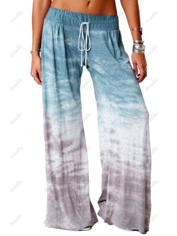 Pantalon Décontracté Long Ombré Teinté Imprimé Jambe Large à Cordon - multicolor A L