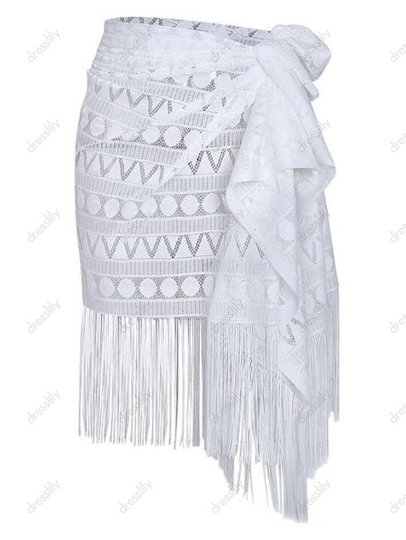 Pure Color Tassel Beach Cover-up Geometric Hollow Out See Thru Skirt Cover-up - WHITE ONE SIZE