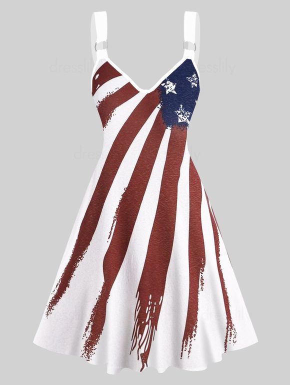 Star Striped Print Dress Colorblock V Neck Sleeveless High Waisted A Line Midi Dress - WHITE XXL