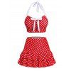 Ensemble Bikini de Bain Tankini Jupe Superposée en Blocs de Couleurs avec Nœud Papillon à Pois à Col Halter de Vacance - Rouge foncé L