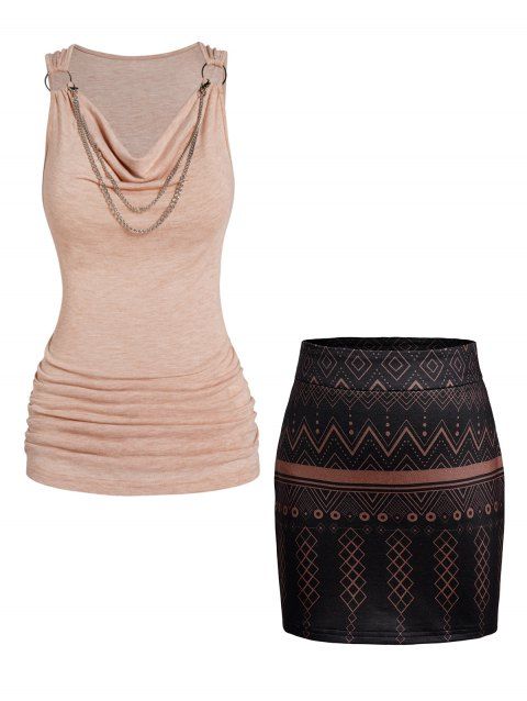 Cowl Neck Draped Ruched Chain Embellishment Tank Top And Tribal Geometric Print Mini Zip Fly Skirt Casual Outfit