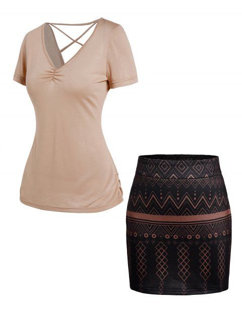 Plain Color Lace Up Ruched V Neck T Shirt And Tribal Geometric Print Mini Zip Fly Skirt Casual Outfit