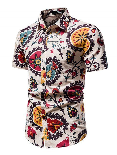 Leaf Flower Allover Printed Shirt Front Pocket Turn Down Collar Vacation Shirt
