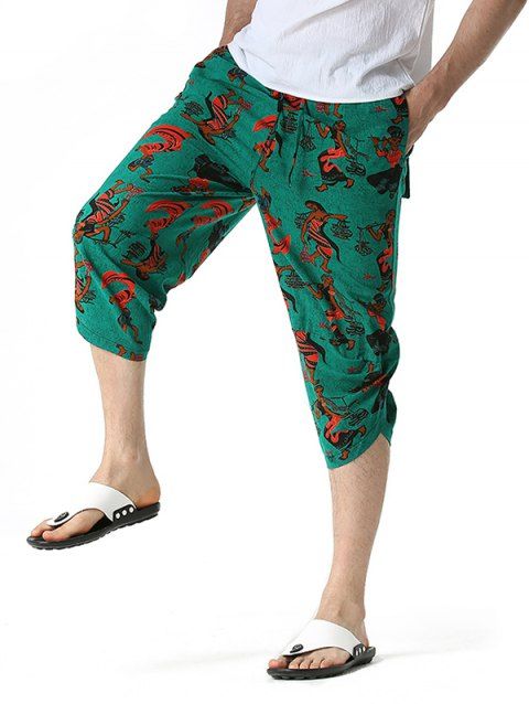 Allover Printed Pants Drawstring Waist Pockets Irregular Hem Vacation Capri Pants