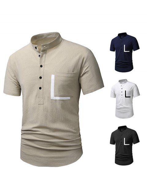 T-shirt Demi-Bouton en Couleur Contrastée avec Poche en Avant Manches Courtes à Col Debout