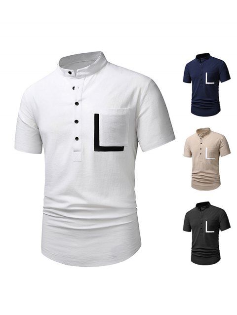 T-shirt Demi-Bouton en Couleur Contrastée avec Poche en Avant Manches Courtes à Col Debout