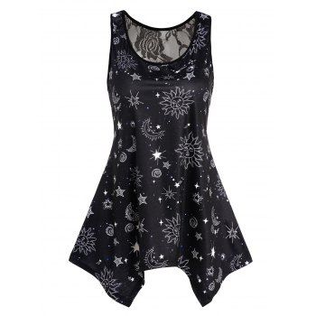 

Celestial Sun Moon Star Allover Print Tank Top Flower Lace Panel Asymmetric Tank Top, Black