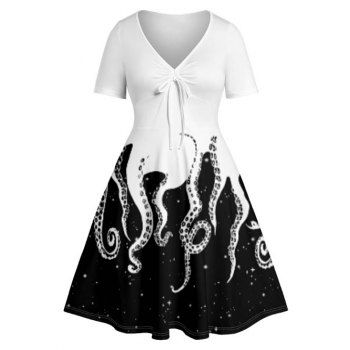 

Plus Size Dress Octopus Empire Waist Tied Ruched V Neck A Line Midi Dress, White