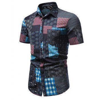 

Allover Printed Shirt Front Pocket Turn Down Collar Short Sleeve Button Up Shirt, Multicolor a