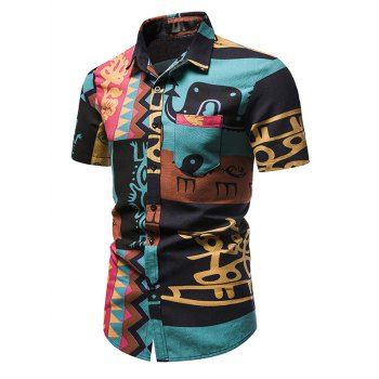 

Colored Printed Shirt Turn Down Collar Front Pocket Short Sleeve Casual Shirt, Multicolor a