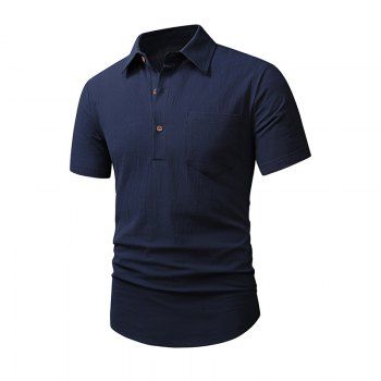 

Plain Color Shirt Half Button Front Pocket Turn Down Collar Short Sleeve Shirt, Cadetblue