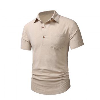 

Plain Color Shirt Half Button Front Pocket Turn Down Collar Short Sleeve Shirt, Light khaki