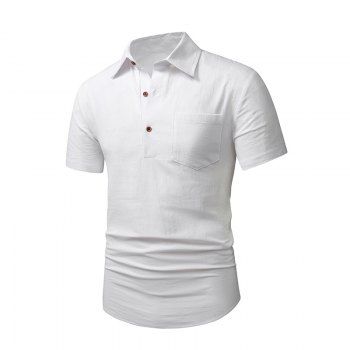 

Plain Color Shirt Half Button Front Pocket Turn Down Collar Short Sleeve Shirt, White