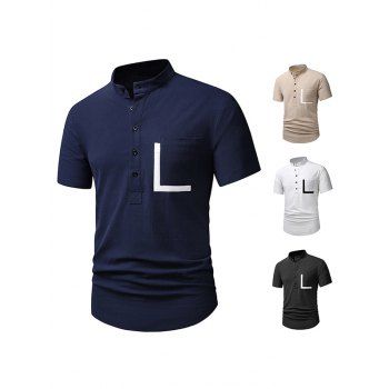 

Half Button T Shirt Contrast Color Front Pocket Stand Collar Short Sleeve Tee, Cadetblue