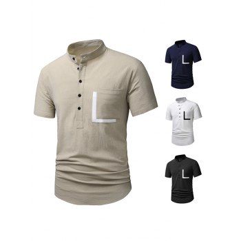 

Half Button T Shirt Contrast Color Front Pocket Stand Collar Short Sleeve Tee, Light khaki