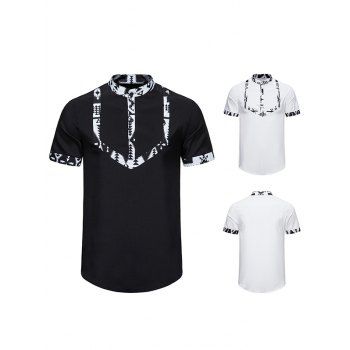 

Tribal Print Shirt Stand Collar Half Button Short Sleeve Ethnic Style Shirt, Black