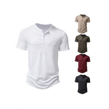 

Basic T Shirt Half Button Round Neck Short Sleeve Plain Color Tee, White