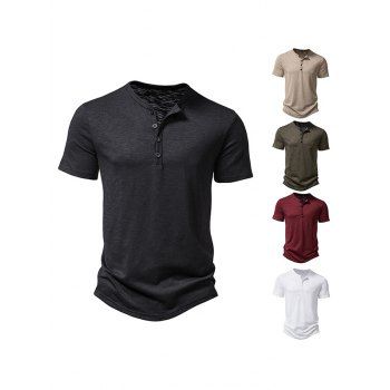 

Basic T Shirt Half Button Round Neck Short Sleeve Plain Color Tee, Black