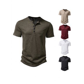 

Basic T Shirt Half Button Round Neck Short Sleeve Plain Color Tee, Army green